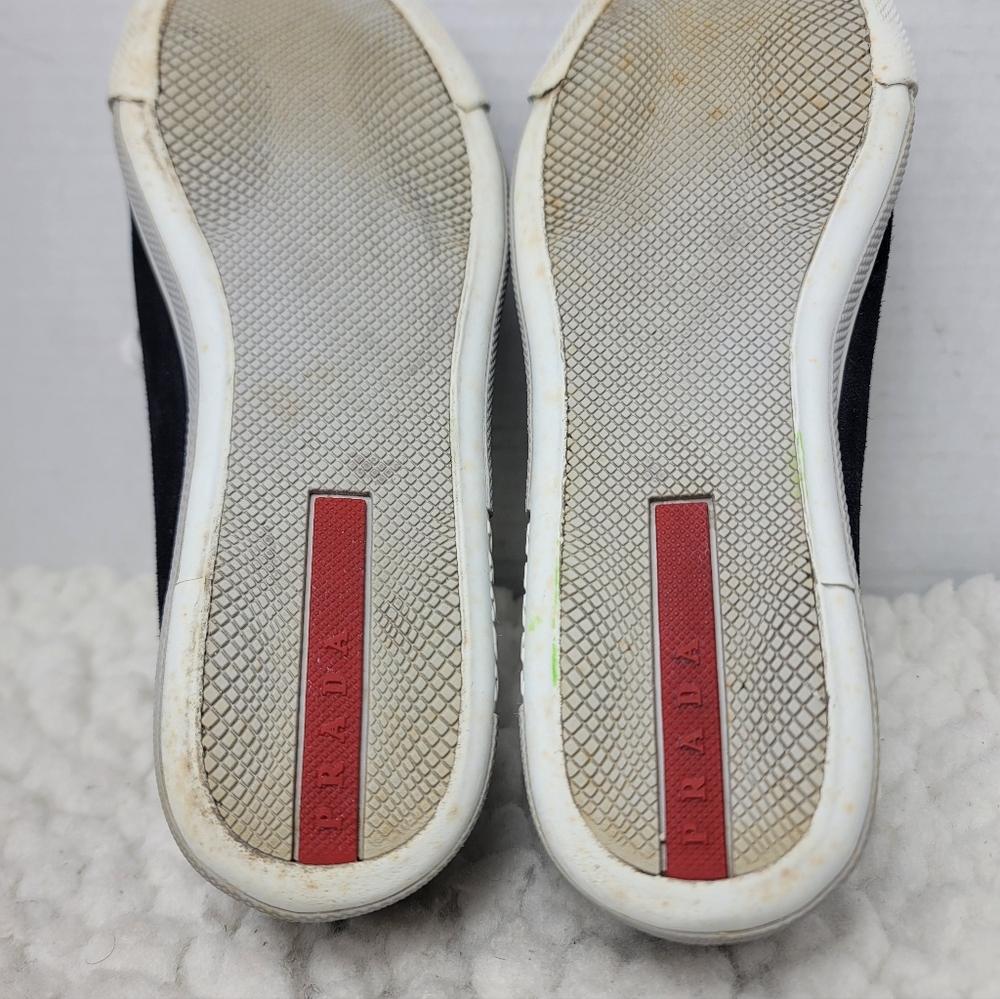 Prada Milano Women’s EU 36.5 Navy Suede Low Top Sneakers White Rubber Toe Italy - Picture 12 of 12